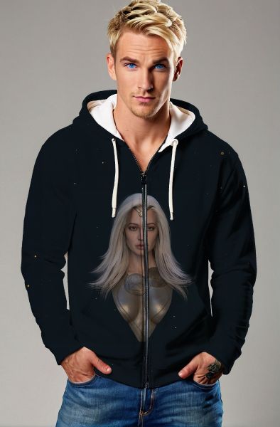 The Thena Zip-Up Hoodie in beige offers a practical design with a bold image of Thena in her