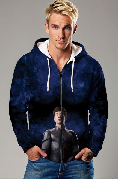 The Druig Zip-Up Hoodie in deep blue features a powerful print of Druig from the Eternals series.