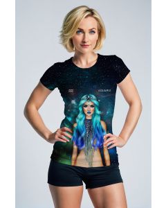 Aquarius Goddess Helen Blue Galaxy T-Shirt with Gradient Hair and Symbol