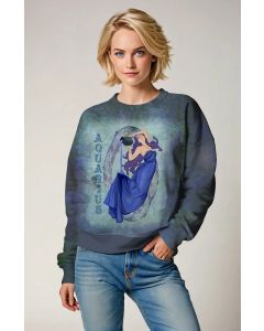 Vintage Grey and Green Alcmene Aquarius Goddess Sweatshirt with Purple Hair and Green Aquarius Symbol