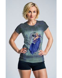 Aquarius Goddess Alcmene T-Shirt in Vintage Grey and Green with Blue Dress and Purple Hair Symbol Design