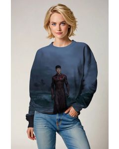 The Druig Sweatshirt in deep ocean blue showcases the powerful Eternal hero standing tall amidst the storm