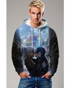 Spider-Man and Black Cat Rain Kiss Blue & Black Marvel Design Pullover Hoodie