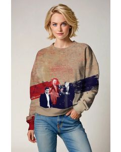 Vintage Cool Red Blue Presidential Print Khaki Crewneck Sweatshirt