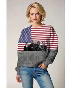 Presidential Memorial Red Crewneck Sweatshirt with Giant US Flag and Black White Portraits