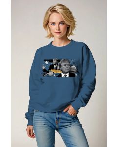 Morandi Blue Casual Cute Cartoon Trump Portrait Print Soft Loose Crewneck Sweatshirt