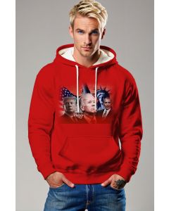 Presidential Memorial Red Hoodie with Trump Biden and Obama Portraits and American Flag Design