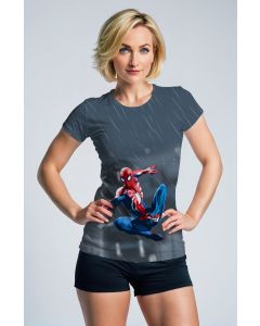 Spider-Man Web-Swinging Rain Scene Dark Blue Graphic T-Shirt