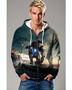 Iron Man Armor Graphic Zip‑Up Hoodie – Dark Green & Black