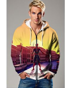 Sunset City Hero Graphic Apparel – Golden Yellow Zip‑Up Hoodie
