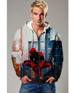 Spider-Man City Skyline Gray & Red Marvel Design Full-Zip Hoodie