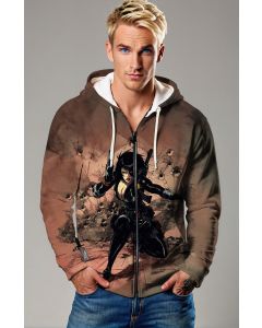 Domino (Neena Thurman) Zip-Up Hoodie - Bold Brown & Black Hero Design