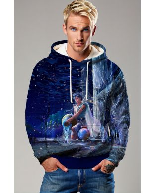 Aquarius Ganymedes Unisex Hoodies with Anime Style and Starlight Design in Deep Blue