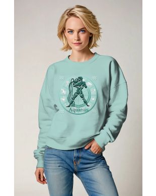 Unisex Aquarius Zodiac Wheel Sweatshirts with Green Prometheus Glyph on Light Green Background