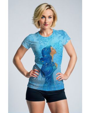 Aquarius Guardian Goddess Helen Unisex T-shirts with Blue Hair on Blue Background