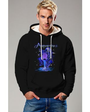 Aquarius Guardian Myth Hoodie in Neon Blue with Hand-Drawn Abstract Art and Starlit Water Pour Design Black