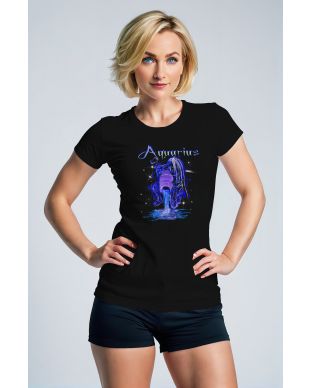 Aquarius Guardian Myth Unisex T-Shirts with Blue Neon Abstract Hand-Painted Design and Starlit Water Pouring Motif in Black