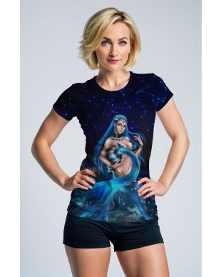 Aquarius Night Sky Unisex T-Shirts with Mythical Alcmene and Constellation Accents in Purple on Blue