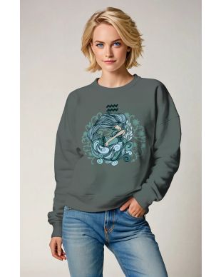 Aquarius Helen Cartoon Style Unisex Sweatshirt in Charcoal Green