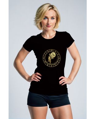Aquarius Zodiac Wheel Black T-Shirt with Gold Symbol for Unisex