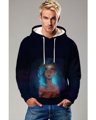 Helen Aquarius Goddess Unisex Hoodie with Light Blue Astrology Symbol on Blue Starry Sky Background