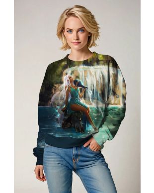 Green Aquarius Hercules Goddess Unisex Sweatshirt with Lakeside Mountain Landscape