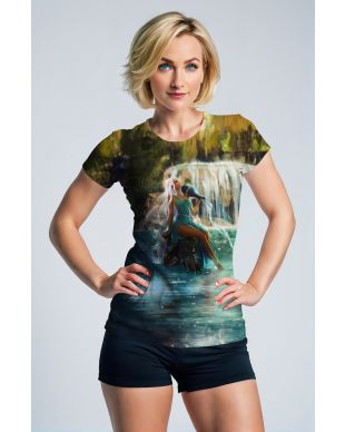 Green Lake Aquarius Goddess Unisex T-Shirt with Ethereal White-Haired Hercules Background