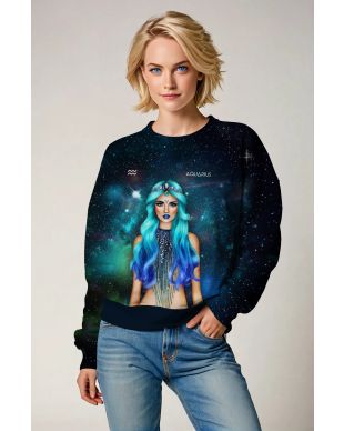 Aquarius Goddess Helen Galaxy Sweatshirt with Blue Ombre Hair and Zodiac Symbol