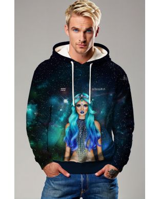 Aquarius Goddess Helen Galaxy Hoodie with Blue Ombre Hair and Symbol in Blue Sky Background