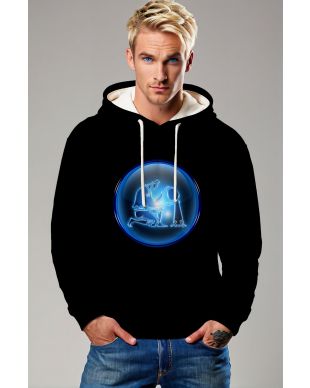 Hephaestus Guardian Aquarius Unisex Hoodie with Glowing Orb Design in Black