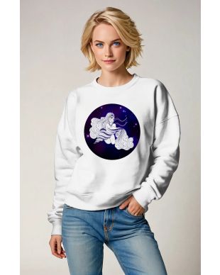 Aquarius Hercules Goddess Unisex Sweatshirt in White with Purple Starry Circle Design