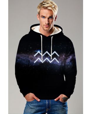 Aquarius Night Sky Unisex Hoodie with Glowing White Symbol and Purple Galaxy Accents