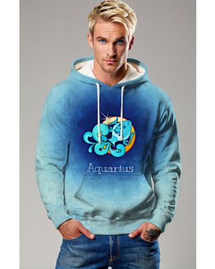 Aquarius Symbol Gradient Blue Unisex Hoodie with Flowing Water Design