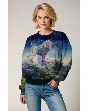 Aquarius Symbol Unisex Sweatshirt with Shimmering Blue Starry Sky and Alcmene Greek Goddess Design in Purple Dress