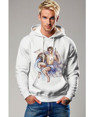Aquarius Hephaestus Guardian Unisex Hoodie in Watercolor Style with Clouds Light Purple on White