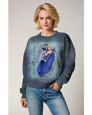 Vintage Grey and Green Alcmene Aquarius Goddess Sweatshirt with Purple Hair and Green Aquarius Symbol