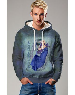 Vintage Aquarius Goddess Hoodie in Grey and Green with Blue Dress and Purple Hair Imagery