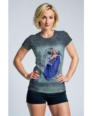 Aquarius Goddess Alcmene T-Shirt in Vintage Grey and Green with Blue Dress and Purple Hair Symbol Design