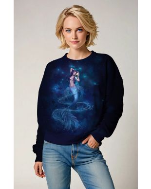 Aquarius Goddess Unisex Sweatshirt with Mermaid Tail and Water Symbol in Starry Night Blue