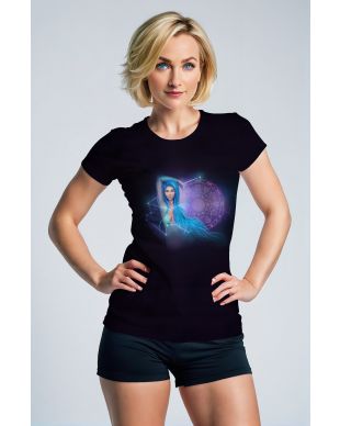 Aquarius Constellation Wisdom Goddess Alcmene Purple Zodiac Wheel on Black Unisex T-shirts