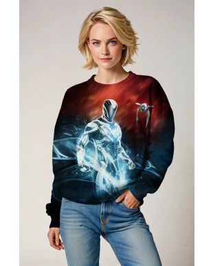 Futuristic Silver Warrior Sweatshirt – Deep Red & Black