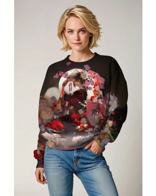 Black Anime Art Sweatshirt with Floral Accents
