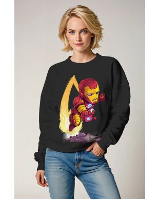 Midnight Black Crewneck – Cartoon Iron Man Repulsor Boost
