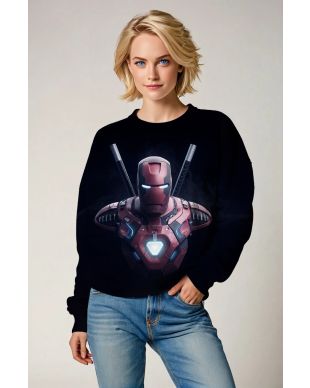 Black Crewneck Sweatshirt – Cyber Armored Hero with Blade Design