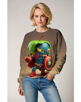 Khaki Crewneck Sweatshirt – Cute Cartoon Fruit Hero Design