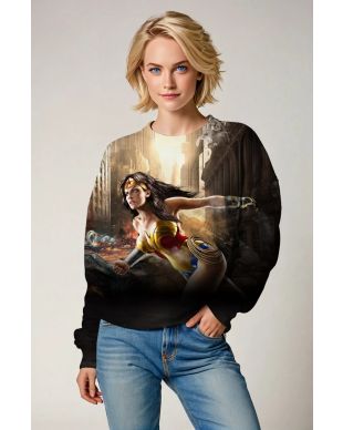 Golden-Red-Blue Crewneck – Dynamic Goddess in Modern Combat Scene