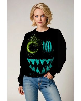 Midnight Grin Pullover Sweatshirt – Black Base with Neon Splatter Face