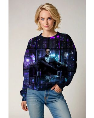 Tech Noir Stark Sweatshirt – Deep Black with Neon Tower Scene