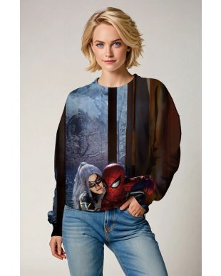 Spider-Man & Black Cat Couple’s Graphic Crewneck – Misty Blue & Espresso Black
