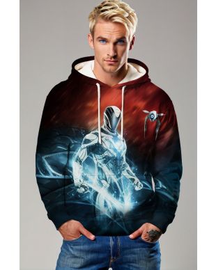  Futuristic Silver Warrior Graphic Hoodie – Deep Red & Black